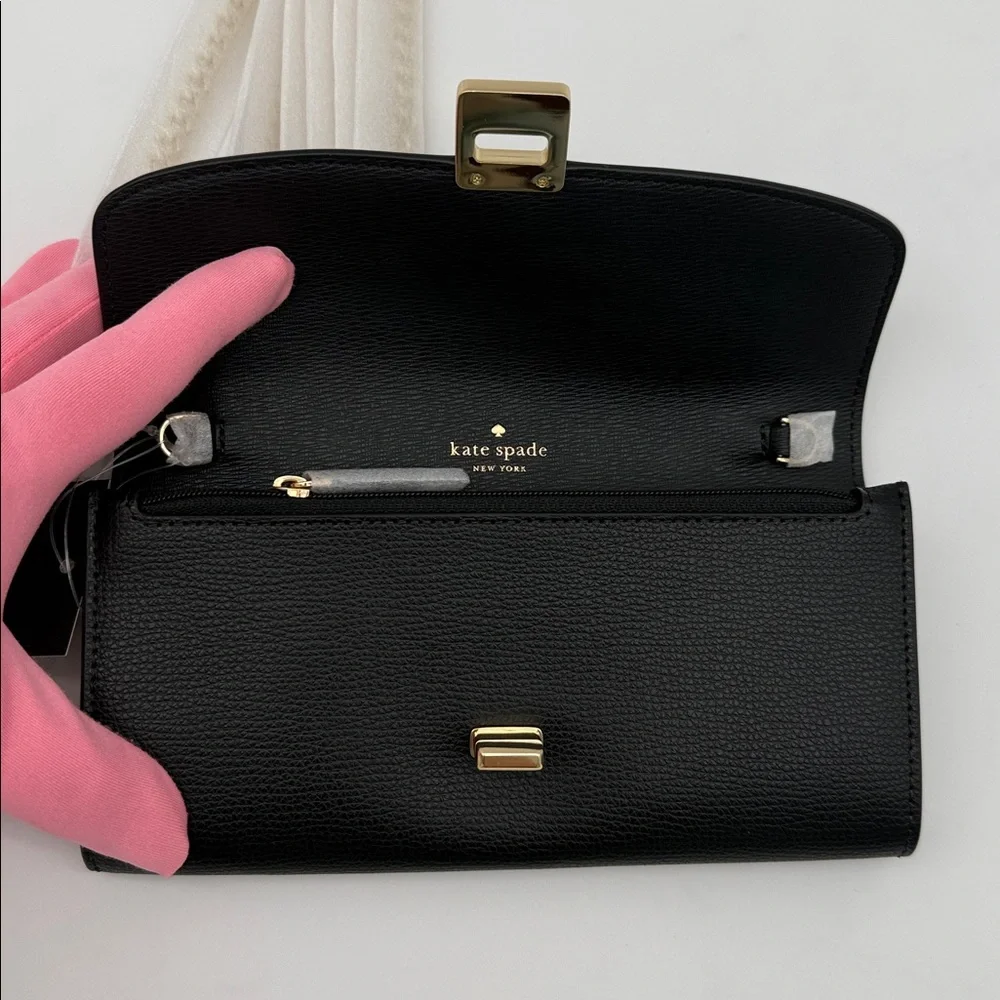 Kate Spade Phoebe Refined Grain Leather Turnlock Wallet On A Chain Black Gold